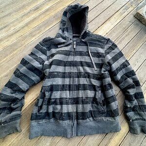 Y2K O'Neill Black & White Striped Fluffy Hood Zip-up sweater